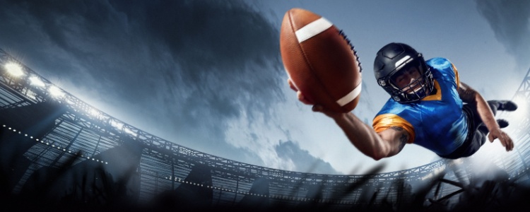 Artistic image of football player leaping with football